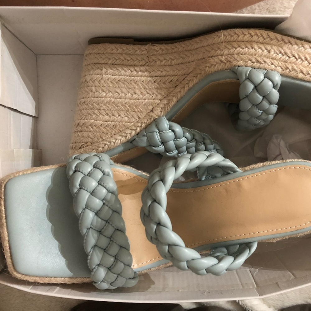 Blue wedge braided heels